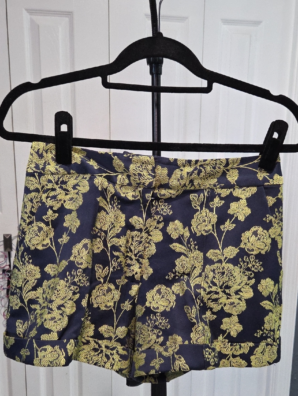 cinq a sept Navy and Gold Floral Jacquard High-Waist Shorts